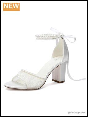 Bridal Sandals with Pearl Ankle Strap Lace Block Heel Wedding Shoes